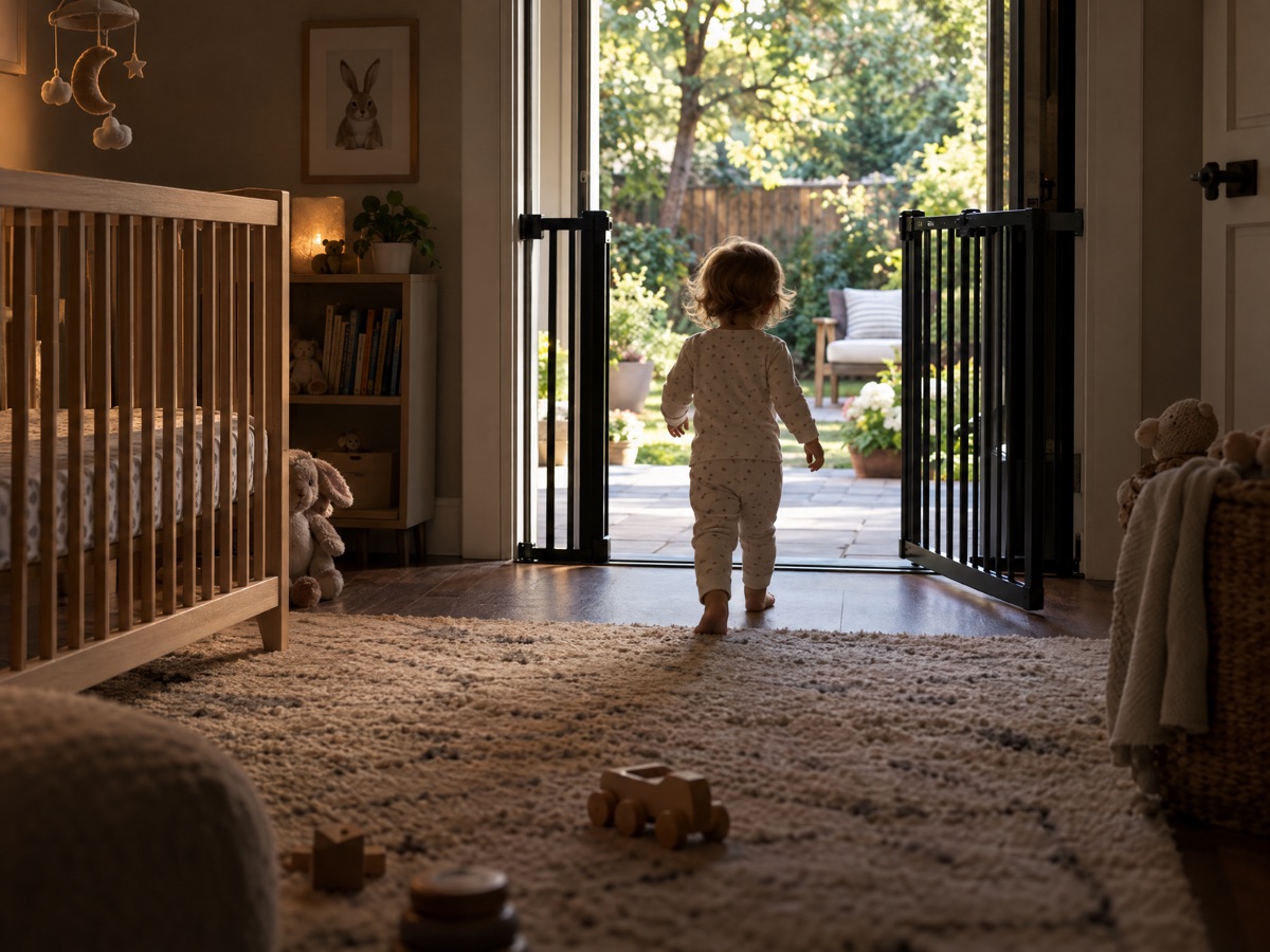 A toddler walking toward an open safety gate beside a patio