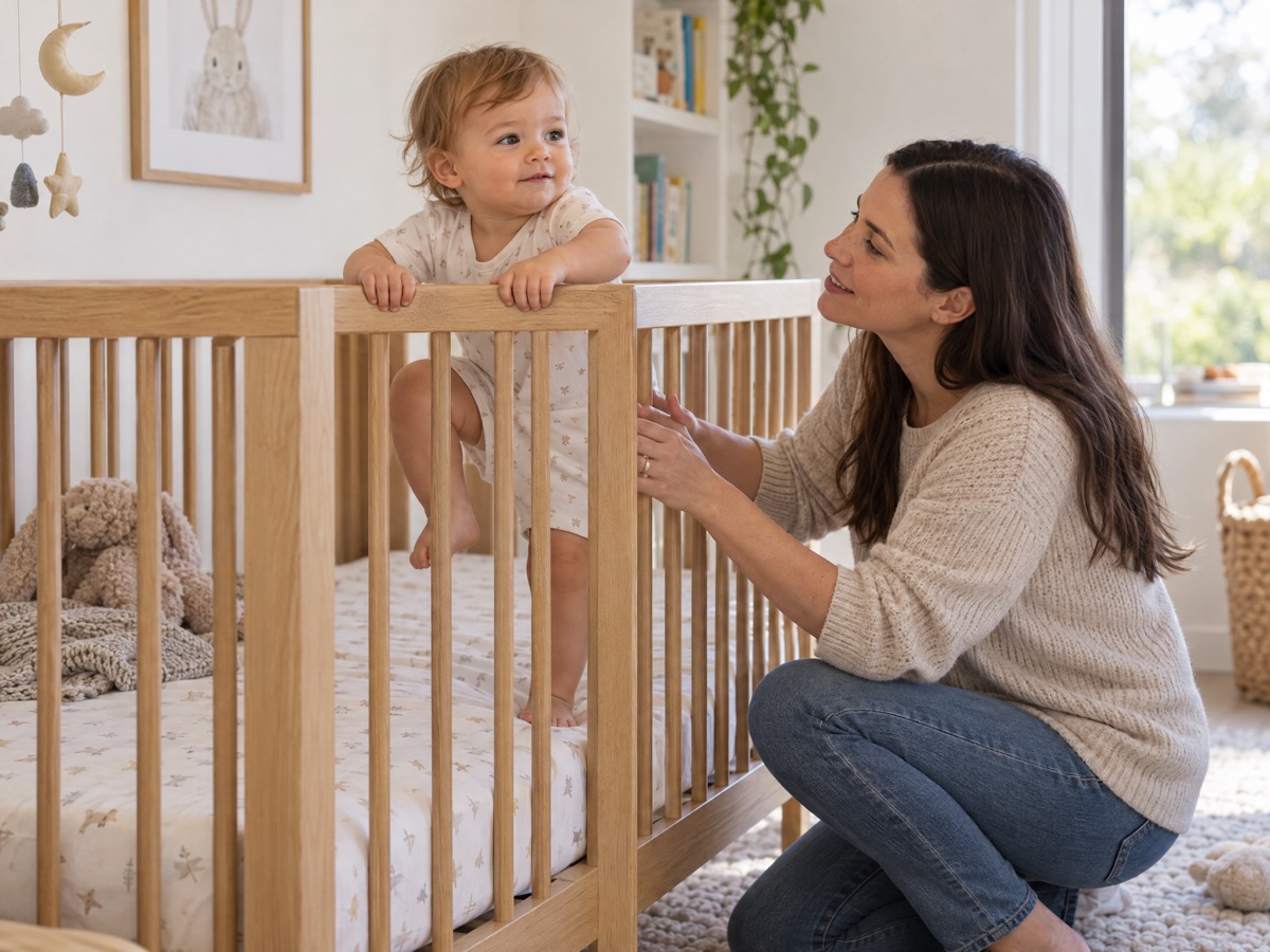 A toddler standing at a crib rail while a caregiver is close by