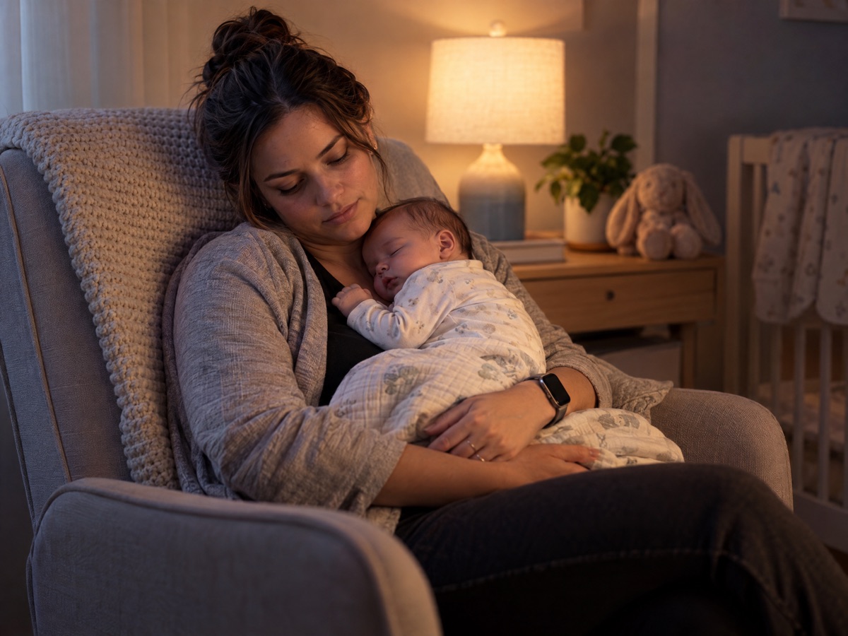 A tired caregiver cradling a sleeping infant in a nursery chair