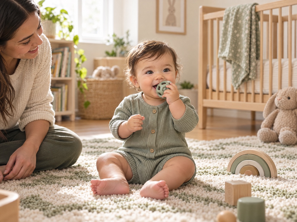 A baby holding a small non-food toy near their mouth while a caregiver is nearby