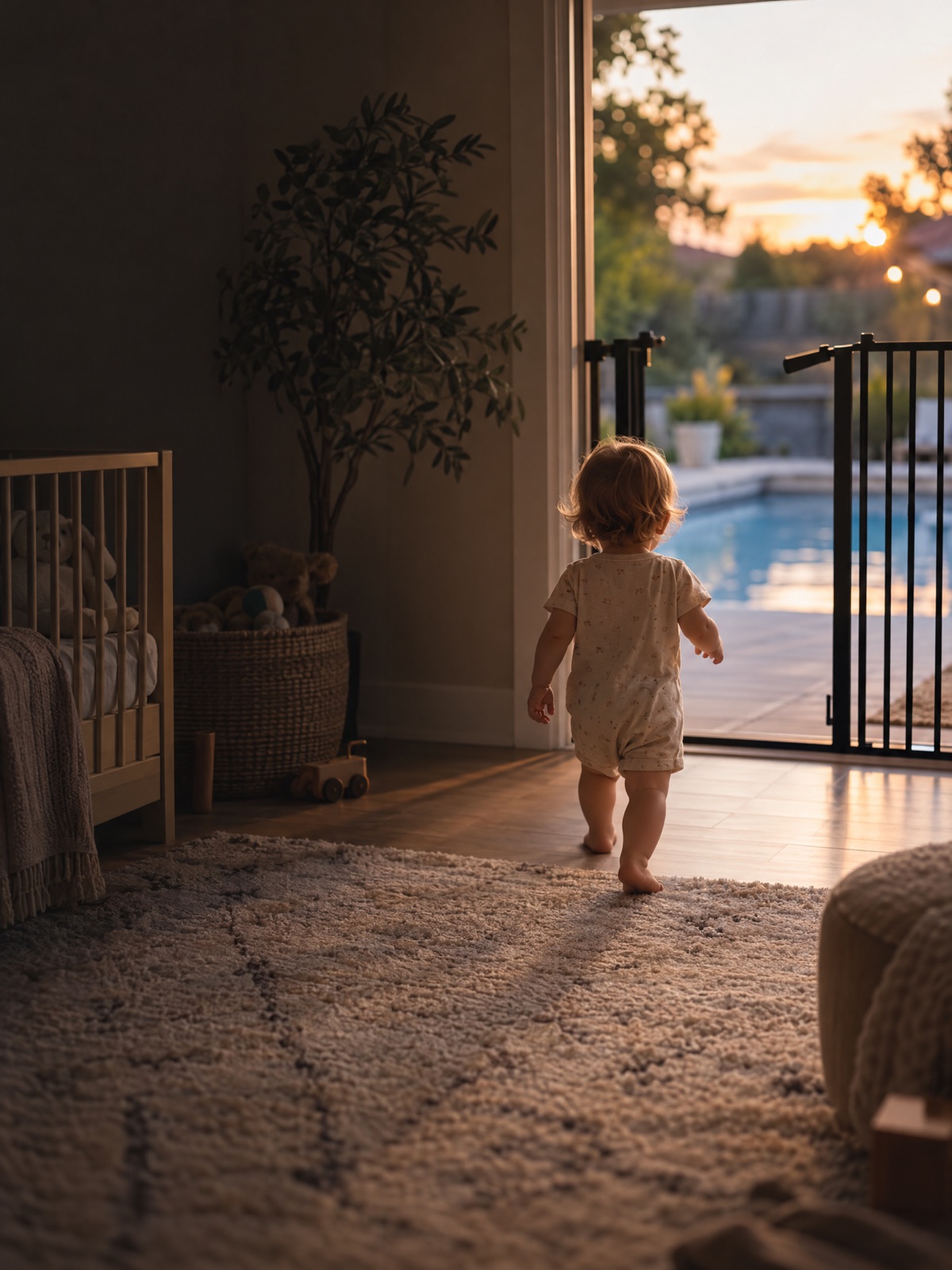 A toddler in a nursery walking toward an unlatched safety gate leading to a patio